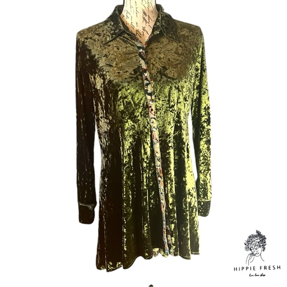 DOR DOR Couture Women’s Olive Green Lux Crushed Velvet Burn Out Dress/Tunic S - Picture 2 of 8